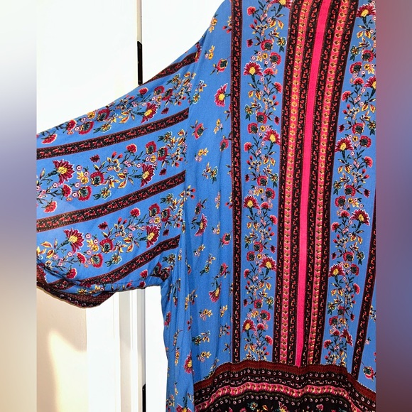 Angie Vintage Bohemian Multicolor Floral Blue Kimono Coverup Cardigan Flowy Top - Picture 14 of 14